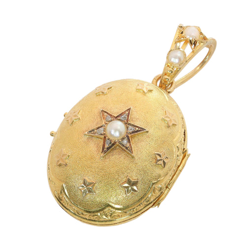 Pendentif porte-photo victorien en or jaune 18K, diamants et perles 58 Facettes 26106-0437