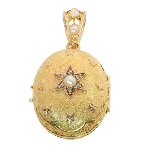 Pendentif porte-photo victorien en or jaune 18K, diamants et perles 58 Facettes 26106-0437