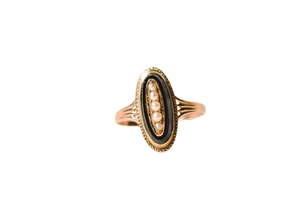 Bague Navette Onyx et Perles