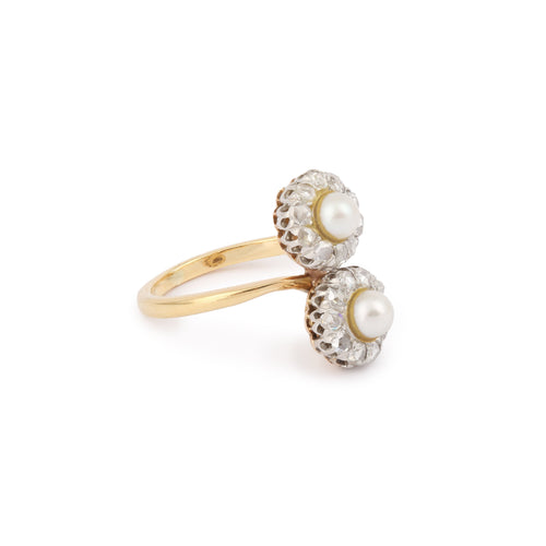 Bague 54 Bague Toi & Moi ancienne en or jaune 18 carats, platine, perles et diamants 58 Facettes B388