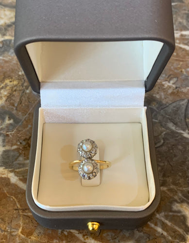 Bague 54 Bague Toi & Moi ancienne en or jaune 18 carats, platine, perles et diamants 58 Facettes B388