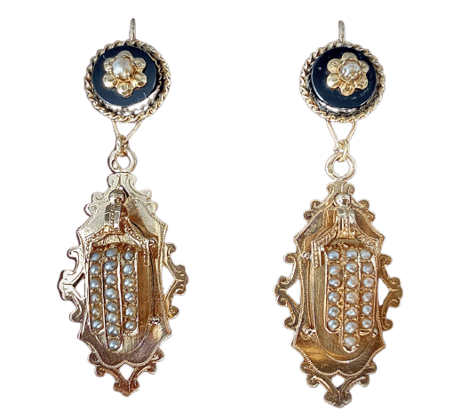 Napoléon III - Pendants d’oreilles en or rose et jaune, onyx et perles fines 58 Facettes bague01