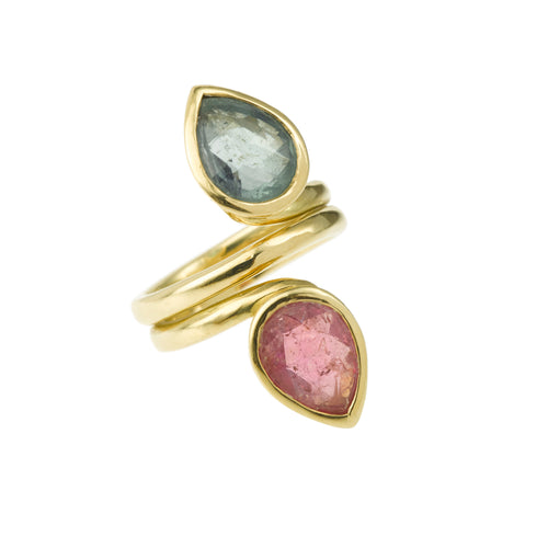 Bague 55 Bague Toi et Moi - Tourmalines vertes et roses en or jaune 58 Facettes B222