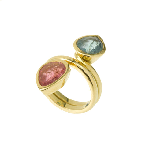 Bague 55 Bague Toi et Moi - Tourmalines vertes et roses en or jaune 58 Facettes B222