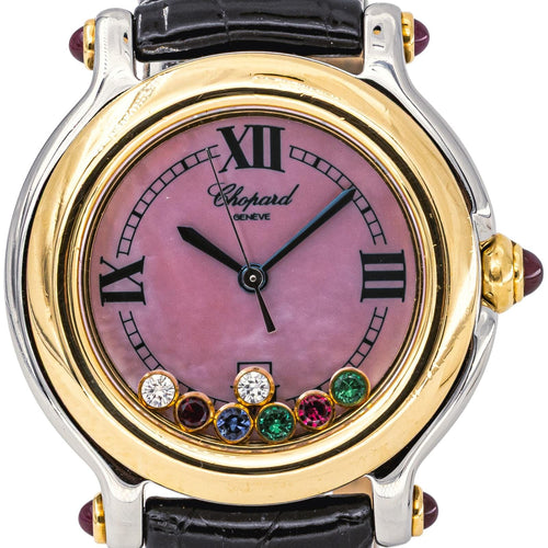 Chopard Happy Sport - Montre en acier, rubis, diamants et émeraudes 58 Facettes 5828122CN