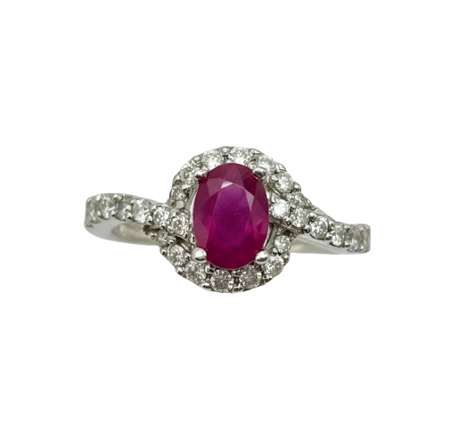 Bague 52 Bague en or blanc avec rubis birman et diamants 58 Facettes ANELLO RUBY BURMA