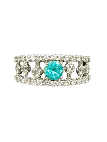 55 Bague en or blanc 18k avec tourmaline Paraíba et diamants 58 Facettes ANELLO ROUND PARAIBA