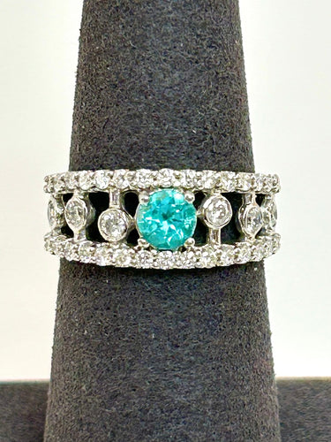 55 Bague en or blanc 18k avec tourmaline Paraíba et diamants 58 Facettes ANELLO ROUND PARAIBA