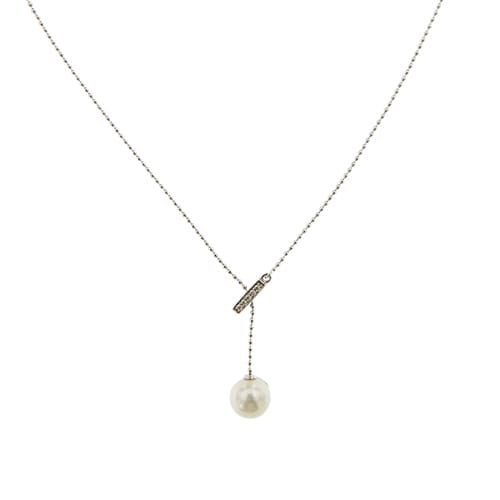 Collier cravate en or blanc avec perle et diamants 58 Facettes 40232