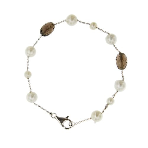 Bracelet en or blanc avec perles et quartz fumé 58 Facettes 40231
