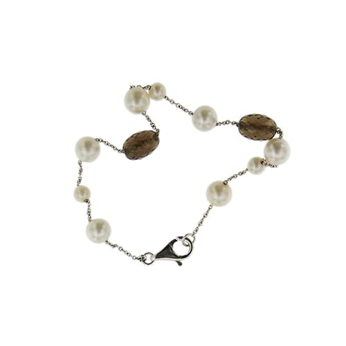 Bracelet en or blanc avec perles et quartz fumé 58 Facettes 40231