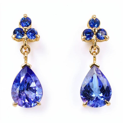 Boucles d'oreilles en or jaune 14 ct, tanzanites certifiées et saphirs 58 Facettes E0047