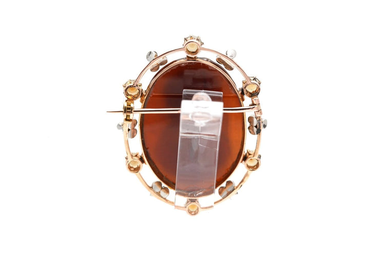 Art Nouveau - Broche en or jaune, camée agate, diamants et perles 58 Facettes 23989