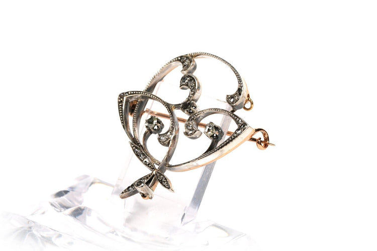 Art Nouveau - Broche en or jaune et blanc 18 carats et diamants taille rose 58 Facettes B450