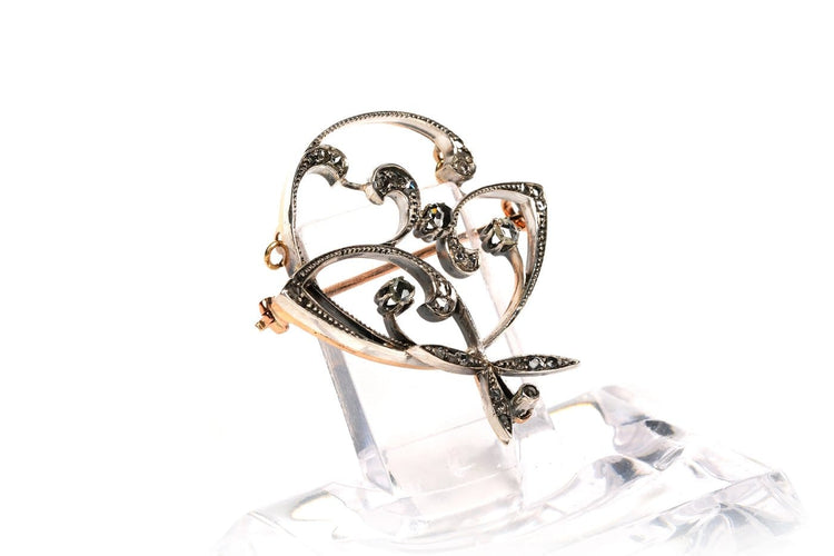 Art Nouveau - Broche en or jaune et blanc 18 carats et diamants taille rose 58 Facettes B450