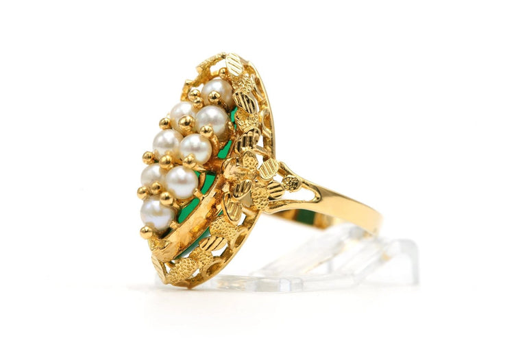 59 Années 50 - Bague en or jaune, perles et chrysoprase 58 Facettes B862