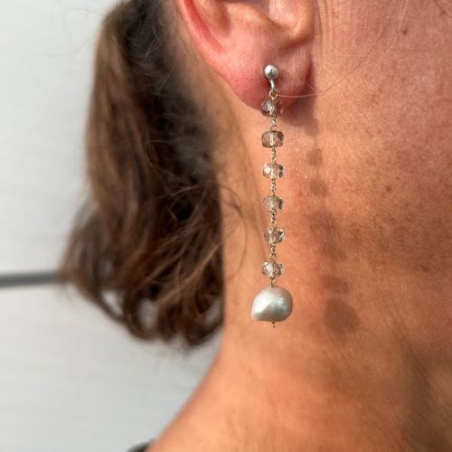 Boucles d'oreilles Boucles d’oreilles pendantes - Quarzs fumés et perles en or 18 ct 58 Facettes 31650