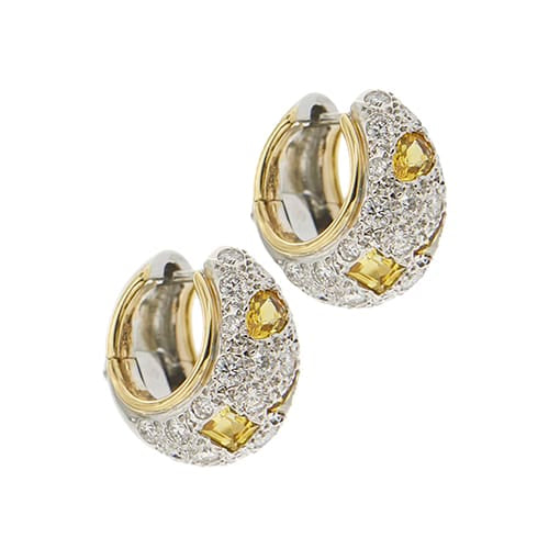 Pomellato Schegge - Boucles d'oreilles en or jaune et blanc, diamants et saphirs 58 Facettes 38310