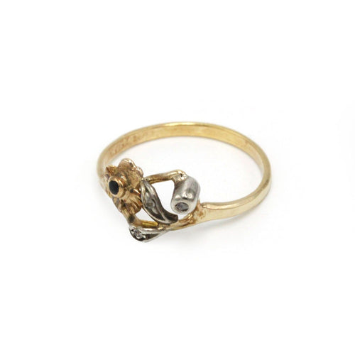 49 Art Nouveau - Bague en or jaune, argent, diamants et pierre noire 58 Facettes 260230R
