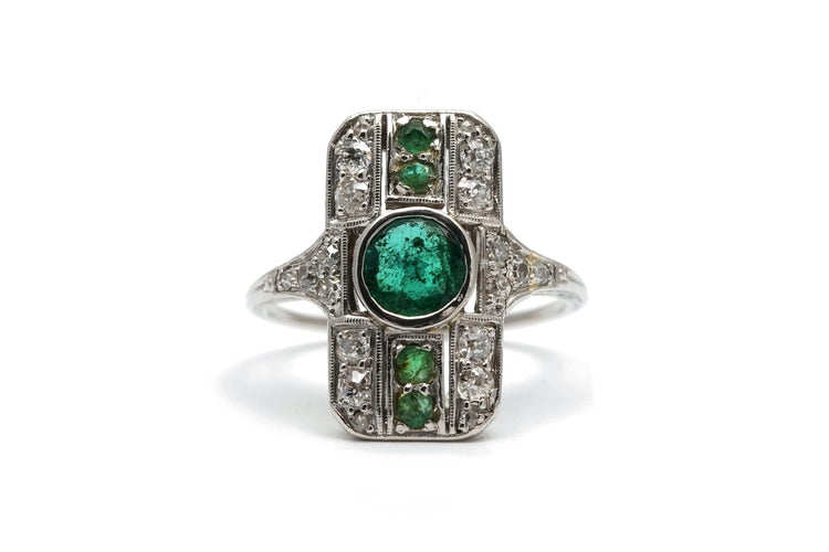 Bague 51 Art déco - Bague en or blanc, émeraudes et diamants 58 Facettes 24043