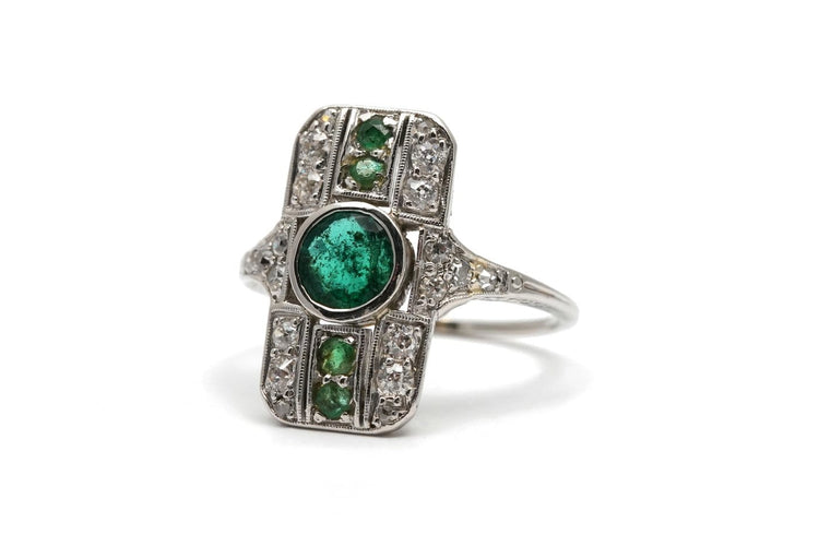 Bague 51 Art déco - Bague en or blanc, émeraudes et diamants 58 Facettes 24043
