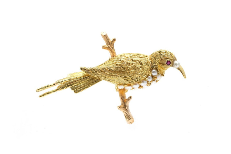 Broche Broche Art Nouveau en or jaune 18 carats, perles et rubis 58 Facettes B931