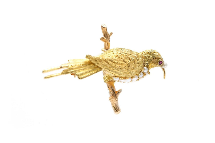 Broche Broche Art Nouveau en or jaune 18 carats, perles et rubis 58 Facettes B931