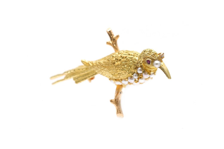 Broche Broche Art Nouveau en or jaune 18 carats, perles et rubis 58 Facettes B931