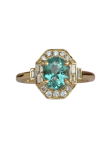 54 Bague en or jaune 18 ct, tourmaline Paraiba et diamants 58 Facettes ring