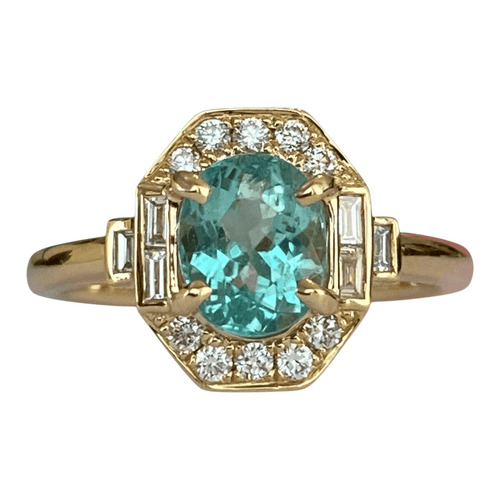 54 Bague en or jaune 18 ct, tourmaline Paraiba et diamants 58 Facettes ring