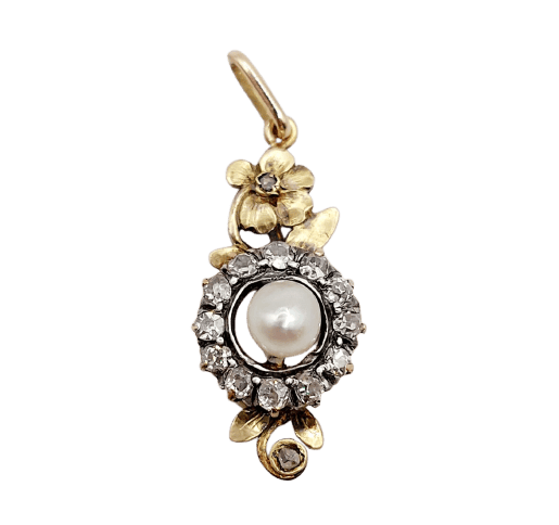 Pendentif marguerite victorien en or 18 ct, argent, perle et diamants