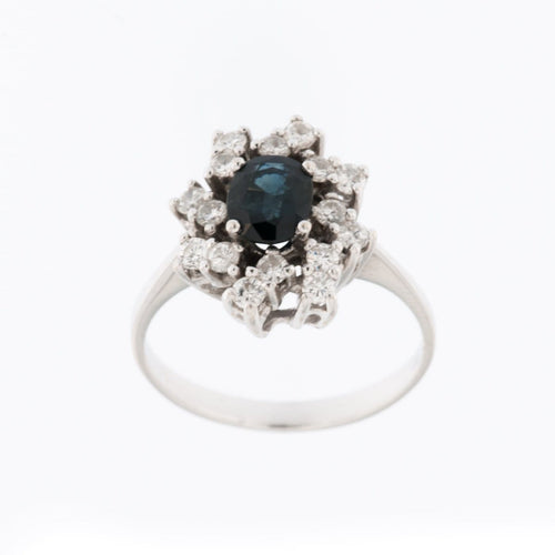 55 Bague vintage belge en or blanc, diamants et saphir bleu 58 Facettes A1506