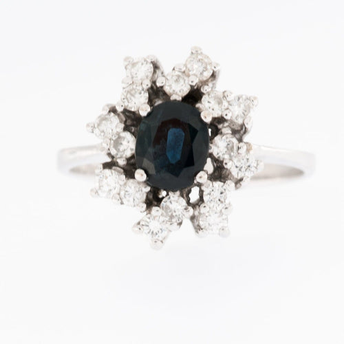 55 Bague vintage belge en or blanc, diamants et saphir bleu 58 Facettes A1506