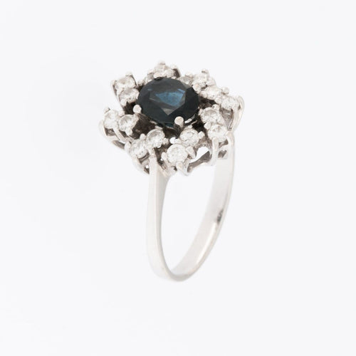 55 Bague vintage belge en or blanc, diamants et saphir bleu 58 Facettes A1506
