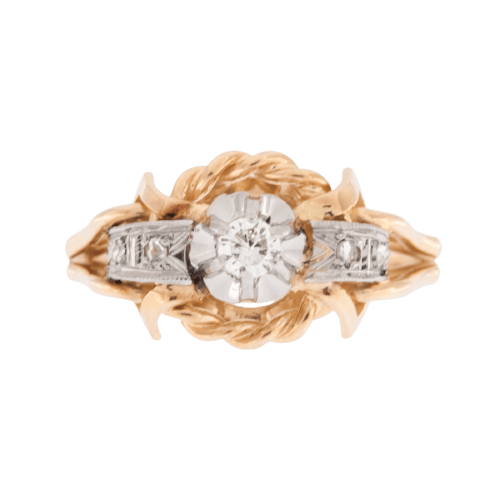 Bague rétro en or jaune 18 carats, platine et diamants
