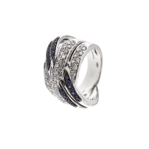 Bague Bague bandeau croisée en or blanc 18 ct avec diamants et saphirs 58 Facettes 24509