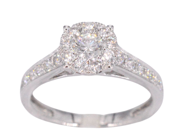53 Bague halo en or blanc et diamants taille brillant 1,00 ct 58 Facettes 1001