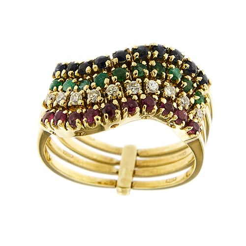58 Bague rivière en or jaune avec émeraudes, saphirs, rubis et diamants 58 Facettes 35953