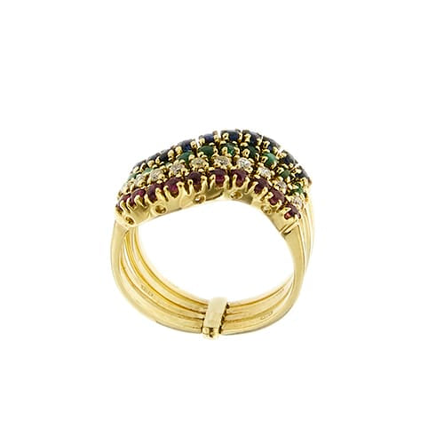 58 Bague rivière en or jaune avec émeraudes, saphirs, rubis et diamants 58 Facettes 35953