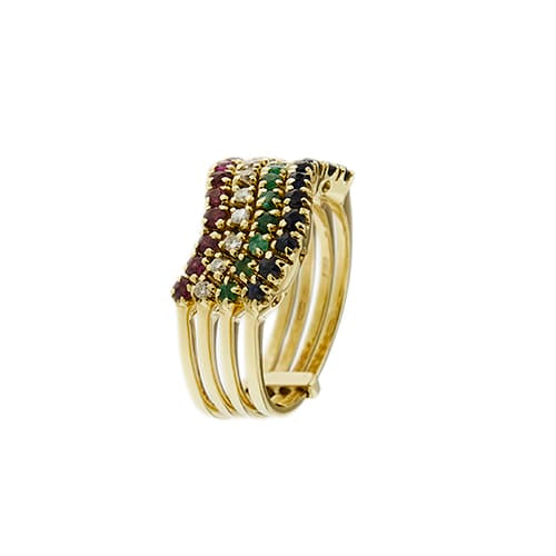 58 Bague rivière en or jaune avec émeraudes, saphirs, rubis et diamants 58 Facettes 35953
