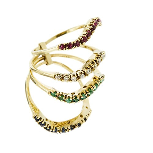 58 Bague rivière en or jaune avec émeraudes, saphirs, rubis et diamants 58 Facettes 35953