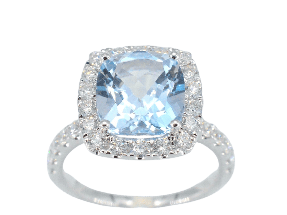 53 Bague halo en or blanc avec topaze naturelle et diamants 58 Facettes 1005