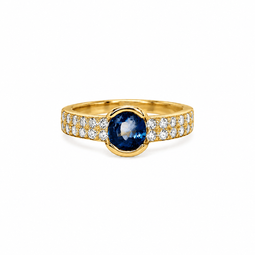 52 Bague saphir de Ceylan et diamants en or jaune 18K 58 Facettes