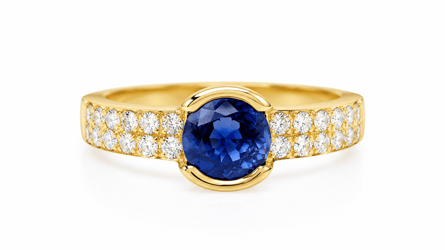 52 Bague saphir de Ceylan et diamants en or jaune 18K 58 Facettes
