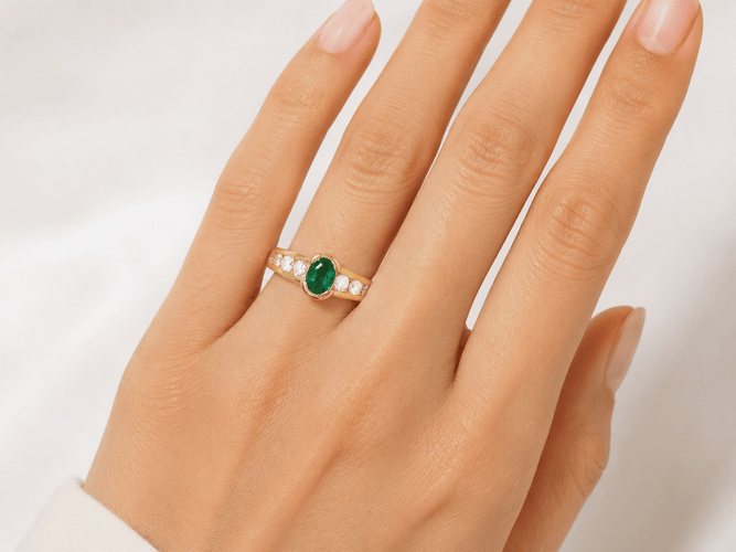 50 Bague en or jaune, émeraude ovale et diamants 58 Facettes F4834