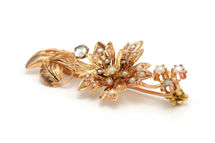 Broche Art Nouveau en or jaune 18 carats, perles et strass 58 Facettes 20187
