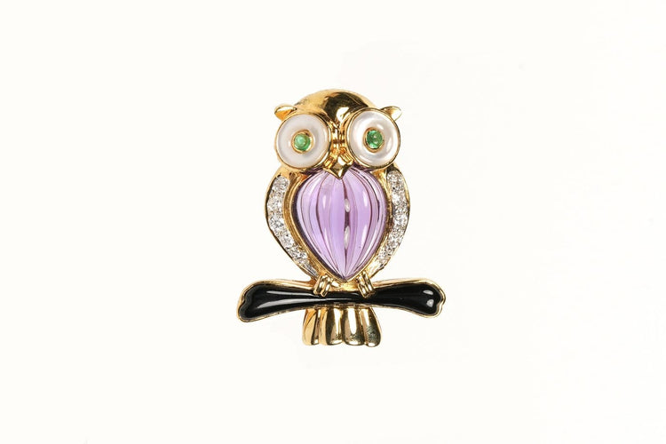 Broche Hibou en or jaune 18 carats, pierres multiples et diamants 58 Facettes 21491