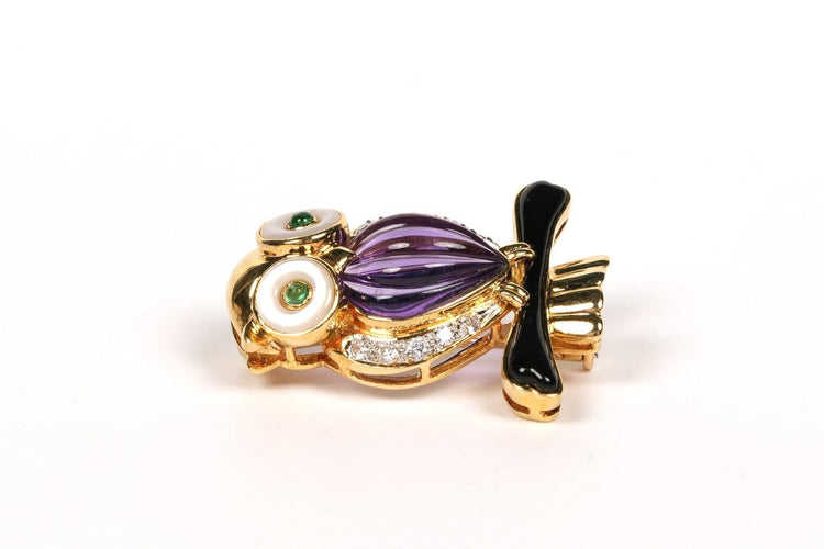 Broche Hibou en or jaune 18 carats, pierres multiples et diamants 58 Facettes 21491