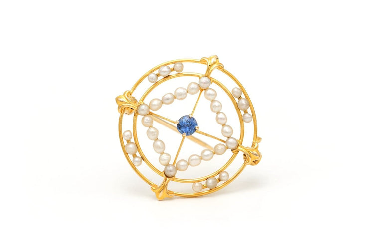 Art Nouveau - Broche en or jaune 18 carats, saphir et perles 58 Facettes 22301