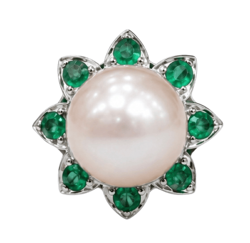 Bague en or blanc 18 carats avec perle et émeraudes